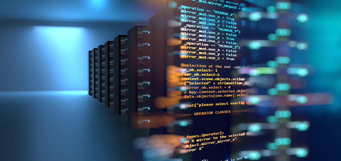 server room 3d illustration with node base programming data  design element.concept of big data storage and  cloud computing technology.
